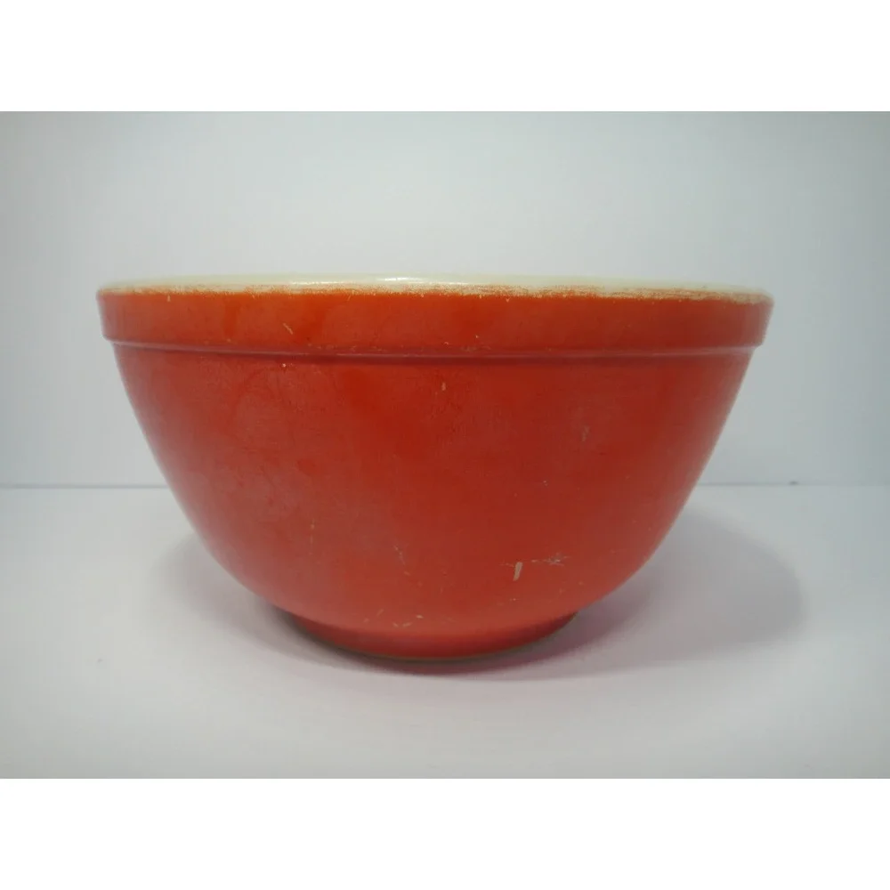 Vintage Pyrex Red Orange Milk Glass Mixing Bowl 7 Inch Round Retro Kitchenware